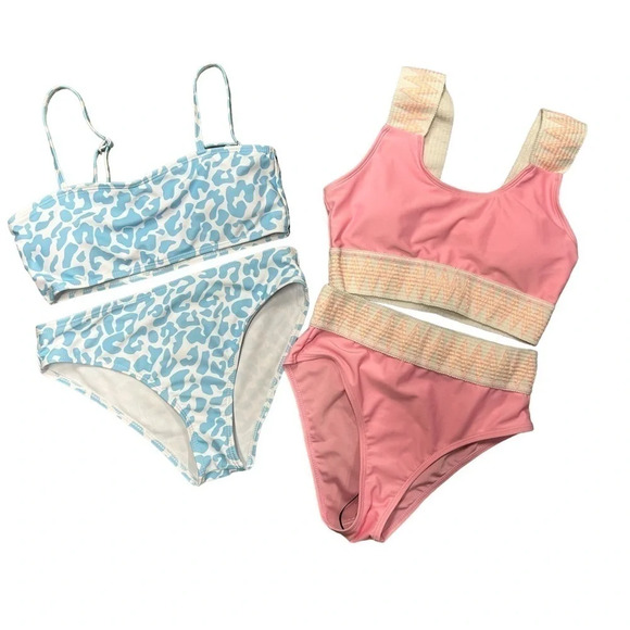 (LOT OF 2) SHEIN Tween Girl Bikini Swimwear Sz 12-13Y Blue‎ Leopard Pink Chevron - Picture 1 of 12